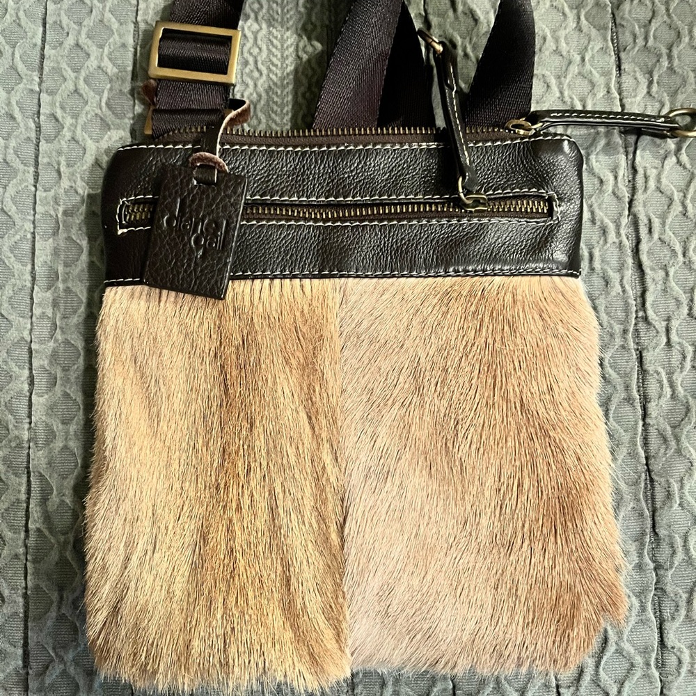 Diane Gail Fur Front Crossbody‎ Bag in Light Brown with Dark Brown Leather Trim